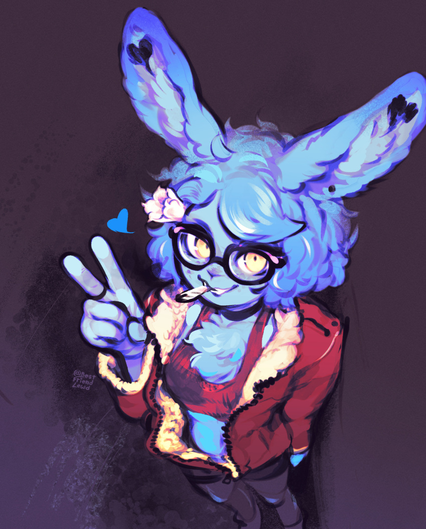 &lt;3 2023 accessory anthro bestfriendforever besty_(character) bird's-eye_view blue_body blue_fur blue_hair breasts chest_tuft clothing digital_media_(artwork) eyewear female flower flower_in_hair fur gesture glasses hair hair_accessory hi_res high-angle_view jacket lagomorph leporid looking_at_viewer mammal plant rabbit red_clothing red_jacket red_topwear simple_background smile smoking solo standing topwear tuft v_sign yellow_eyes