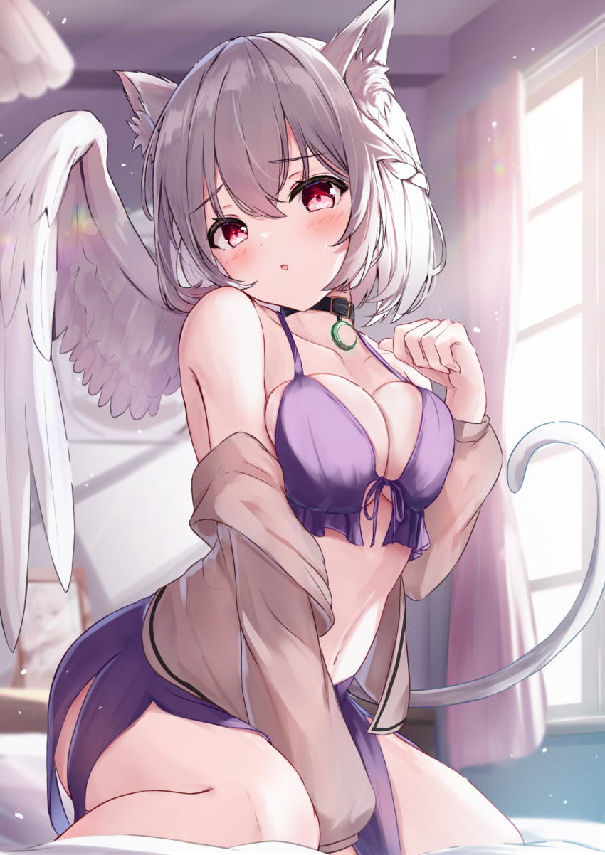 1girl animal_ears blush breasts brown_jacket cat_ears cat_tail cleavage collarbone feathered_wings grey_hair hair_between_eyes highres jacket kishin_sagume large_breasts long_sleeves navel niko_kusa open_clothes open_jacket parted_lips red_eyes short_hair single_wing solo tail touhou white_wings wings