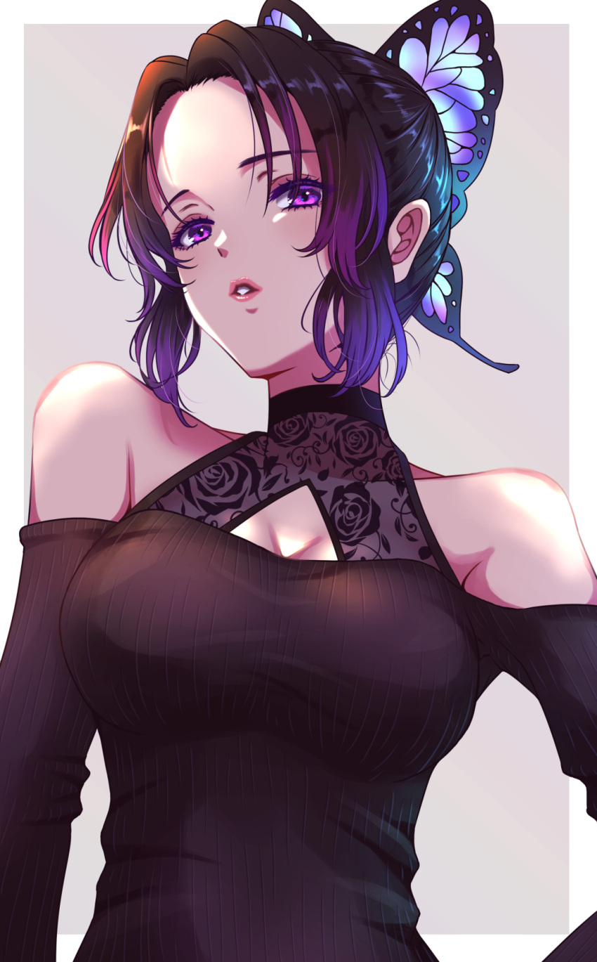 1girl black_hair black_sweater border breasts butterfly_hair_ornament cleavage cleavage_cutout clothing_cutout collarbone grey_background hair_ornament highres kimetsu_no_yaiba kochou_shinobu koya_(koya_x_00) looking_at_viewer medium_breasts multicolored_hair outside_border parted_lips purple_hair red_eyes short_hair shoulder_cutout solo sweater two-tone_hair upper_body white_border