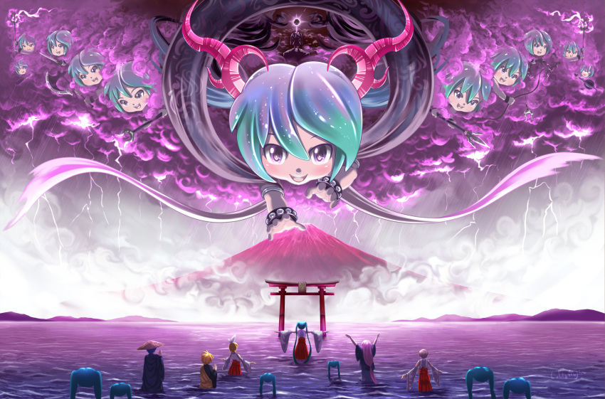 2boys 6+girls anniversary aqua_eyes aqua_hair arms_up arrow_(projectile) artist_name axe backlighting bare_shoulders battle_axe blonde_hair blue_hair blue_kimono blue_robe bow bow_(weapon) brown_hair clone cloud cloudy_sky commentary demon_horns detached_sleeves eclipse floating from_behind grey_sky hagoromo hair_bow hakama hakama_skirt hat hatsune_miku highres holding holding_axe holding_bow_(weapon) holding_mace holding_polearm holding_sword holding_weapon horns japanese_clothes kagamine_len kagamine_rin kaito_(vocaloid) kimono large_hat lightning lolita_majin long_hair looking_at_viewer mace megurine_luka meiko_(vocaloid) miko mikudayoo monk mount_fuji mountainous_horizon multiple_boys multiple_girls multiple_persona ocean open_mouth outdoors outstretched_arm outstretched_arms own_hands_together pink_hair plectrum polearm praying purple_eyes rain reaching red_skirt rice_hat robe scenery shawl shinto shirt shiteyan'yo short_hair skirt sky sleeveless sleeveless_shirt smile spiked_hair statue studded_bracelet sword t-pose toga torii twintails very_long_hair very_wide_shot vocaloid wading weapon what white_bow white_shirt white_sleeves wide_sleeves