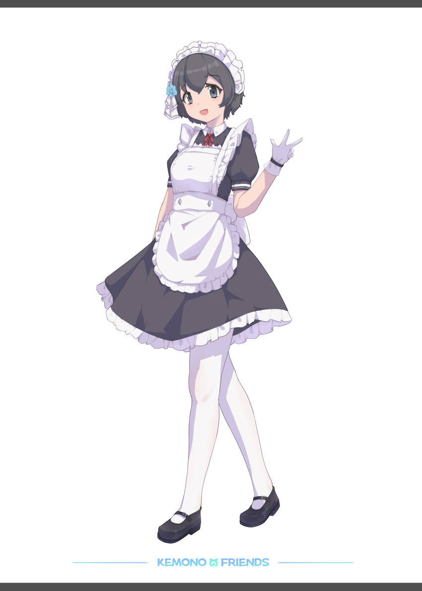 1girl absurdres alternate_costume apron black_dress black_footwear black_hair blush bow bowtie collared_dress dress enmaided flower frilled_apron frilled_dress frills fuliowo gloves grey_eyes hair_between_eyes hair_flower hair_ornament highres kaban_(kemono_friends) kemono_friends looking_at_viewer maid maid_apron maid_headdress mary_janes open_mouth pantyhose puffy_short_sleeves puffy_sleeves red_bow red_bowtie shoes short_hair short_sleeves sidelocks smile solo white_apron white_gloves white_pantyhose