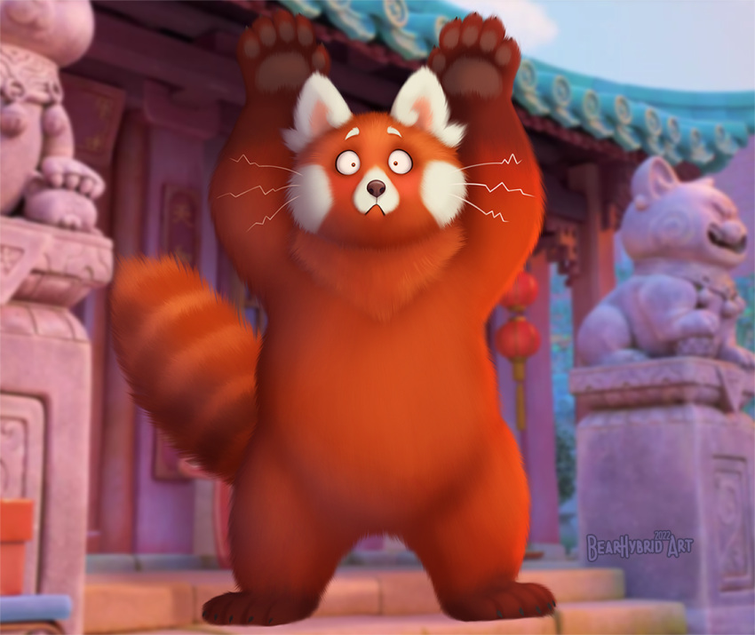 2022 ailurid anthro arms_above_head bearhybrid disney ears_up female fur looking_at_viewer mammal markings meilin_lee_(turning_red) mouth_closed nude paws pixar red_panda signature solo standing straight_tail striped_markings striped_tail stripes tail tail_markings turning_red whiskers wide_eyed