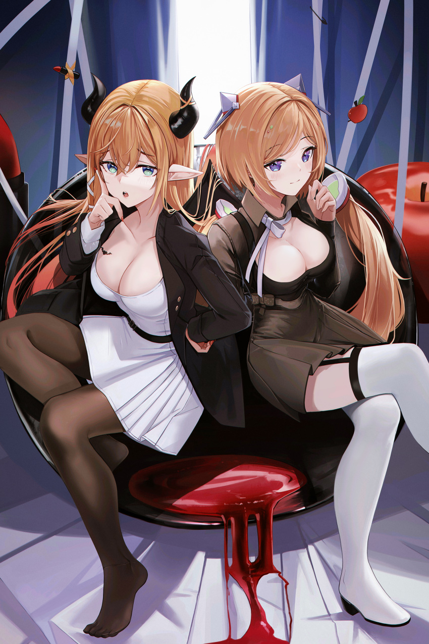 2girls absurdres adapted_costume aki_rosenthal alternate_costume anizi blonde_hair bob_cut breasts chest_tattoo cleavage commentary_request demon_girl demon_horns detached_hair dress highres hololive horns large_breasts long_hair looking_at_viewer low_twintails multiple_girls no_shoes pantyhose parted_bangs pointy_ears purple_eyes short_dress short_hair tattoo twintails virtual_youtuber white_dress winged_heart yuzuki_choco
