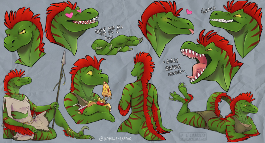 &lt;3 &lt;3_eyes angry anthro bottomwear breasts claws clothing dinosaur dromaeosaurid female food holding_object holding_weapon indiwolf loincloth melee_weapon multiple_images non-mammal_breasts pizza polearm reptile scales scalie simple_background solo spear teeth text theropod tribal uthalla velociraptor weapon