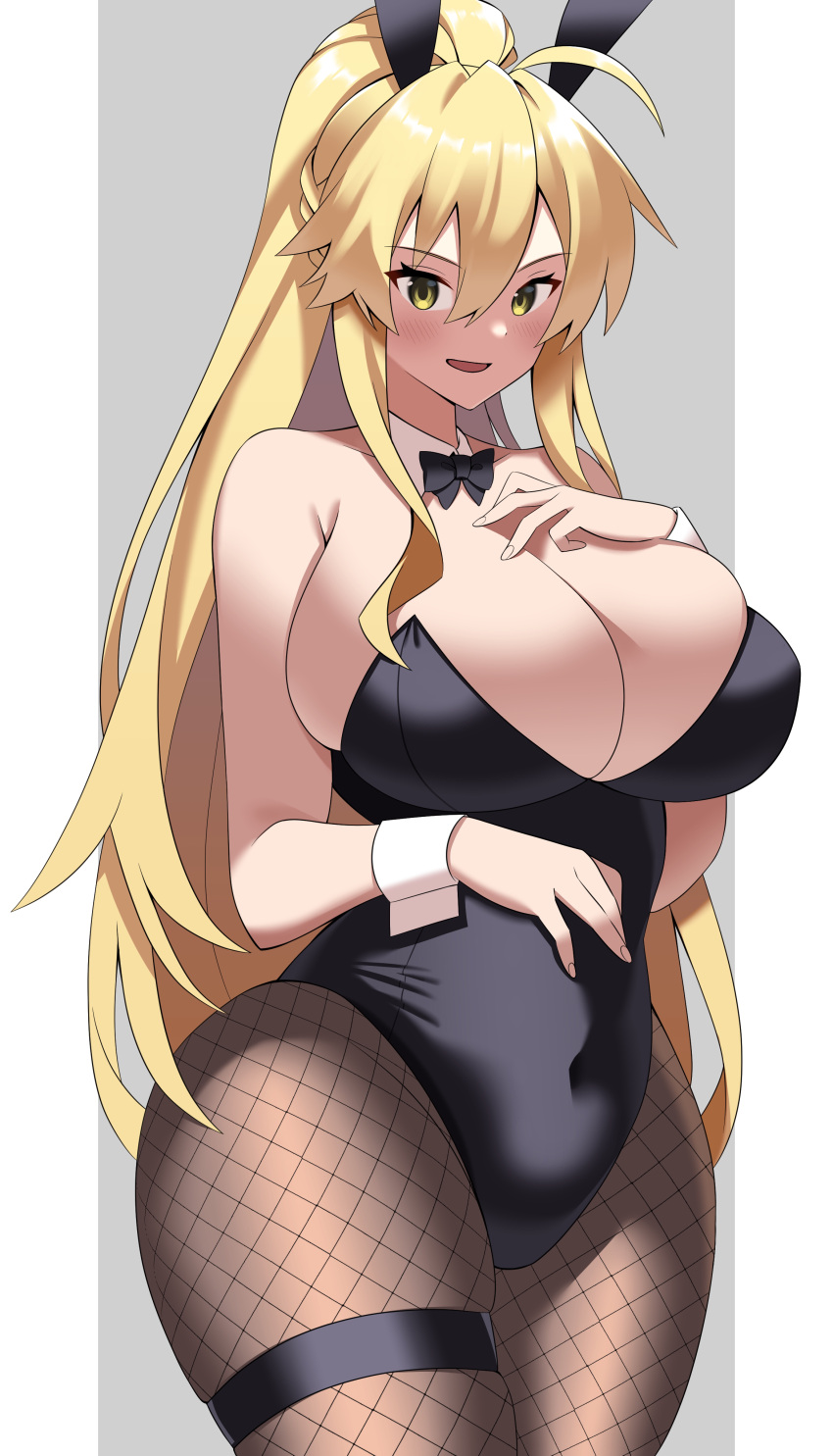 1girl absurdres artoria_pendragon_(fate) artoria_pendragon_(lancer)_(fate) blonde_hair breasts fate/grand_order fate_(series) highres huge_breasts imuzi long_hair playboy_bunny ponytail simple_background smile solo yellow_eyes