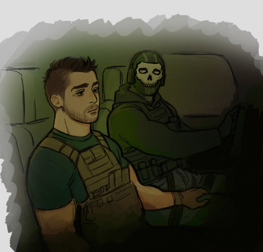 2boys artist_request bara beard call_of_duty:_modern_warfare_2 car_interior couple driving facial_hair feet_out_of_frame ghost_(modern_warfare_2) hand_on_another's_thigh highres looking_at_another male_focus mask mature_male multiple_boys muscular muscular_male mustache short_hair sideburns sitting skull_mask soap_(modern_warfare_2) undercut yaoi