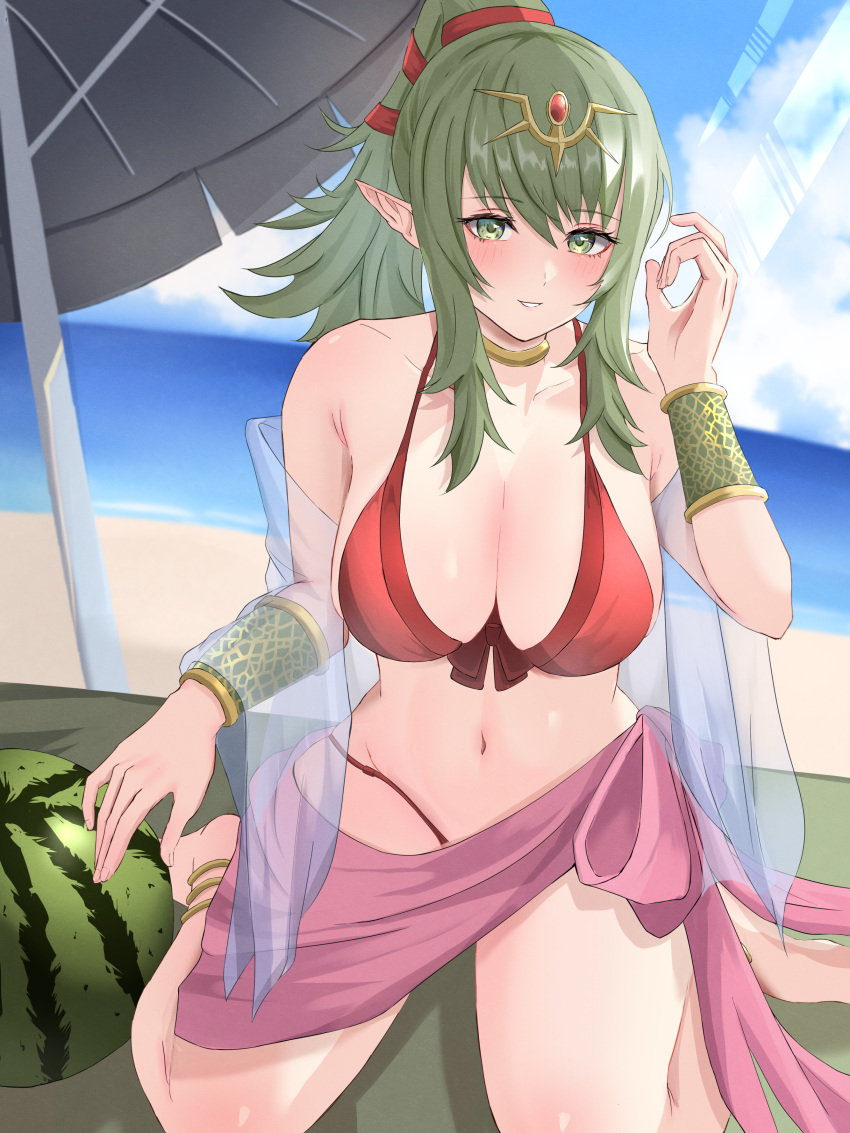 1girl absurdres adjusting_hair anklet beach beach_umbrella bikini bracelet breasts fire_emblem fire_emblem_awakening fire_emblem_heroes gold_choker green_eyes green_hair hair_ribbon high_ponytail highres jewelry large_breasts looking_at_viewer official_alternate_costume outdoors parted_lips peli_cantaro pink_scarf pointy_ears ponytail red_bikini red_ribbon ribbon scarf seiza sitting smile solo swimsuit teeth tiara tiki_(adult)_(fire_emblem) tiki_(adult)_(summer)_(fire_emblem) tiki_(fire_emblem) umbrella watermark