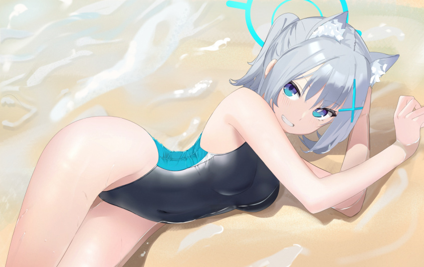1girl :d animal_ear_fluff animal_ears bare_shoulders beach blue_archive blue_eyes blue_halo blush breasts commentary competition_swimsuit covered_navel cross_hair_ornament fuenyuan grin hair_between_eyes hair_ornament halo highleg highleg_swimsuit legs_together long_bangs looking_at_viewer lying medium_breasts mismatched_pupils on_side one-piece_swimsuit open_mouth purple_eyes raised_eyebrows shiroko_(blue_archive) shiroko_(swimsuit)_(blue_archive) short_hair short_ponytail sidelocks smile solo swimsuit teeth thighs two-tone_eyes water wet wolf_ears wolf_girl