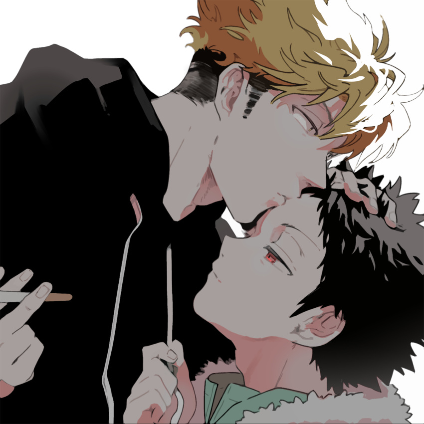 2boys black_hair black_hoodie blonde_hair cigarette closed_mouth couple drawstring from_side fur-trimmed_jacket fur_trim hand_on_another's_head hand_up hands_up height_difference highres holding holding_cigarette hood hood_down hoodie jacket kazama_souya kiss kissing_forehead kzmsnmjkk leaning_on_person long_sleeves looking_at_another male_focus multiple_boys pants portrait profile pulling red_eyes short_hair sideburns simple_background suwa_koutarou undercut white_background world_trigger yaoi