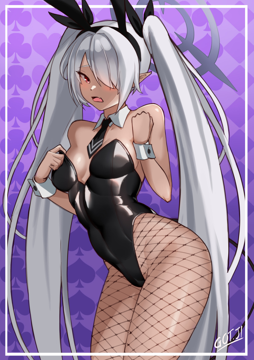 1girl absurdres adjusting_clothes adjusting_leotard artist_name bare_shoulders black_leotard black_necktie black_ribbon blue_archive breasts covered_navel cowboy_shot dark-skinned_female dark_skin detached_collar embarrassed fang fishnet_pantyhose fishnets got_ji_(gojich1) grey_hair hair_over_one_eye hair_ribbon halo highleg highleg_leotard highres iori_(blue_archive) leotard long_hair looking_at_viewer necktie open_mouth pantyhose playboy_bunny playing_card_theme pointy_ears purple_background red_eyes ribbon shiny_clothes skin_fang small_breasts solo strapless strapless_leotard thighs twintails very_long_hair white_wrist_cuffs wrist_cuffs