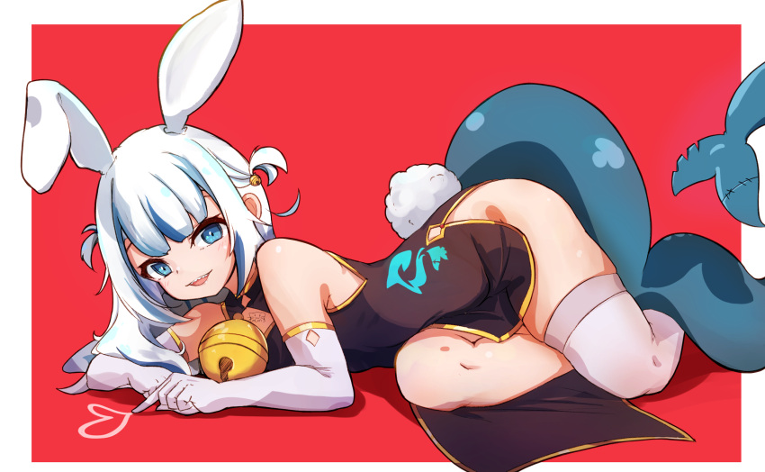 1girl animal_ears bare_shoulders bell bite_mark black_dress blue_eyes blue_hair china_dress chinese_clothes dress elbow_gloves elun_(elun_00) fins fish_tail gawr_gura gloves heart highres hololive hololive_english looking_at_viewer medium_hair multicolored_hair rabbit_ears rabbit_tail red_background shark_girl shark_tail sharp_teeth single_thighhigh sleeveless solo stitches streaked_hair tail teeth thighhighs two_side_up virtual_youtuber white_hair