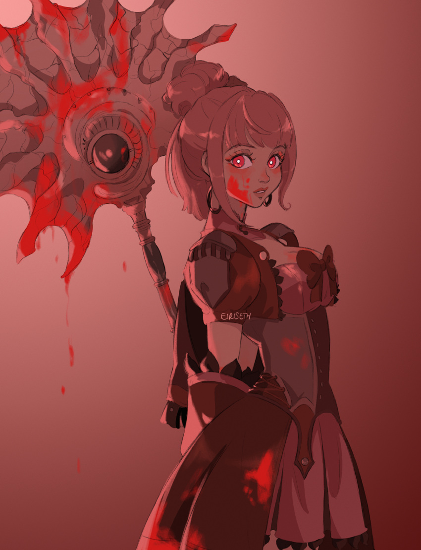 1girl blood blood_on_weapon commentary cowboy_shot dress earrings eiriseth eyeshadow fire_emblem fire_emblem:_three_houses hair_bun highres hilda_(fire_emblem) holding holding_weapon jewelry looking_at_viewer makeup pink_hair red_eyeshadow sidelocks solo weapon