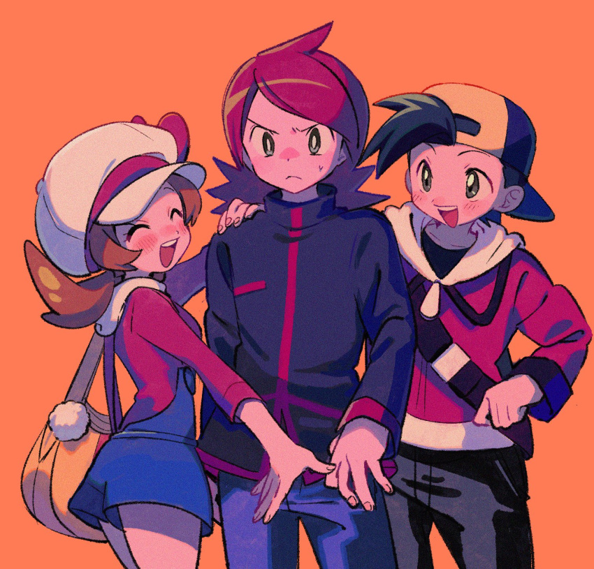 1girl 2boys :d backwards_hat baseball_cap black_hair black_shirt blue_overalls blush brown_hair cabbie_hat closed_eyes closed_mouth cowlick ethan_(pokemon) grey_eyes hand_on_another's_shoulder hat highres jacket long_hair lyra_(pokemon) multiple_boys ok_ko19 open_mouth orange_background overalls pants pokemon pokemon_(game) pokemon_hgss red_hair shirt short_hair silver_(pokemon) smile teeth twintails upper_teeth_only white_headwear yellow_bag zipper_pull_tab