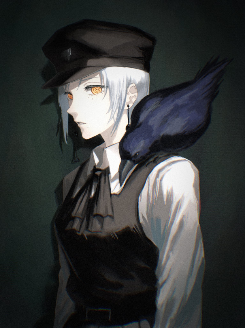 1boy animal_on_shoulder bird bird_on_shoulder black_background chainsaw_man crow dark_background dress earrings fami_(chainsaw_man) fourth_east_high_school_uniform hat highres jewelry kota_2kx looking_at_viewer military_hat mole mole_under_eye mole_under_mouth multiple_moles pinafore_dress ringed_eyes school_uniform short_hair sideways_glance simple_background sleeveless sleeveless_dress solo tassel tassel_earrings white_hair yellow_eyes