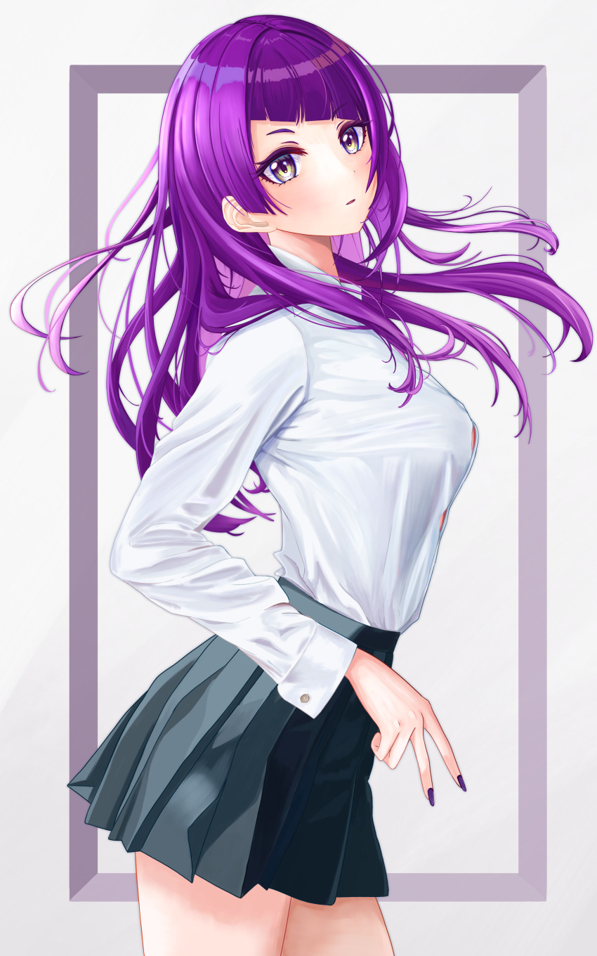 1girl absurdres asymmetrical_bangs black_skirt blunt_bangs blush breasts button_gap diagonal_bangs fingernails floating_hair highres idolmaster idolmaster_shiny_colors long_hair long_sleeves looking_at_viewer looking_to_the_side medium_breasts nail_polish pleated_skirt purple_hair school_uniform shirt shirt_tucked_in skirt solo tanaka_mamimi v very_long_hair white_shirt yamanade38