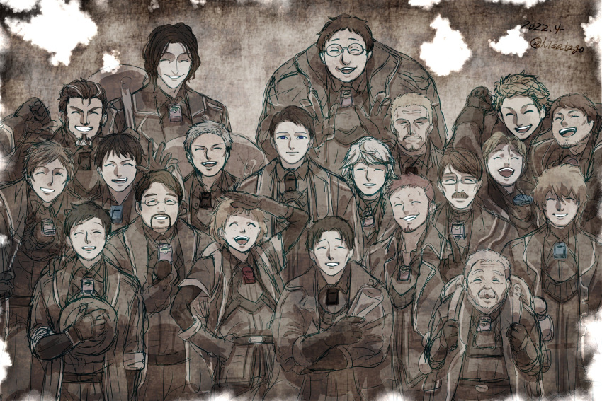 6+boys aged_down bido_(made_in_abyss) black_eyes black_hair blonde_hair bondrewd brown_coat brown_gloves brown_hair brown_pants brown_vest closed_eyes closed_mouth coat dated facial_hair glasses gloves goatee grey_hair grin gueira_(made_in_abyss) gyarike hair_between_eyes hat hat_removed headwear_removed highres hisatago holding holding_clothes holding_hat jenien joho_(made_in_abyss) long_sleeves looking_at_viewer made_in_abyss male_focus medium_bangs multicolored_hair multiple_boys mustache muted_color old old_man open_mouth overcoat pants parted_bangs photo_(object) prushka rabbiak rectangular_eyewear round_eyewear sepia short_bangs short_hair smile streaked_hair suumama teeth third-party_source twitter_username upper_body upper_teeth_only very_short_hair vest whistle whistle_around_neck white_hair