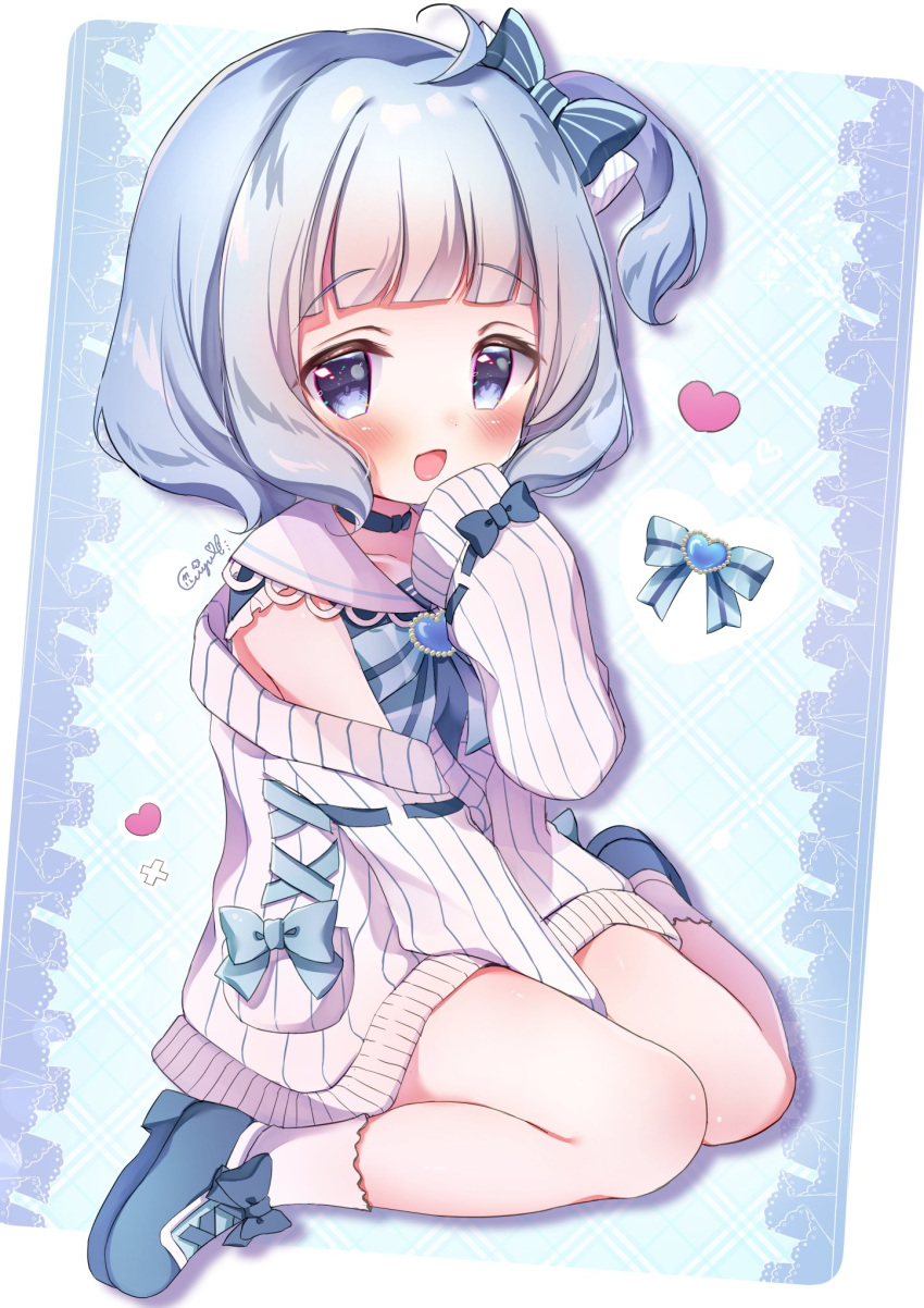 1girl arm_between_legs blue_eyes blue_hair blunt_bangs blush bow cardigan choker cross-laced_clothes hair_bow hanasakichu heart highres indie_virtual_youtuber kumoue_iris long_sleeves looking_at_viewer off_shoulder one_side_up open_mouth sailor_collar shirt short_hair sitting sleeveless sleeveless_shirt sleeves_past_fingers sleeves_past_wrists smile socks solo striped_cardigan virtual_youtuber wariza