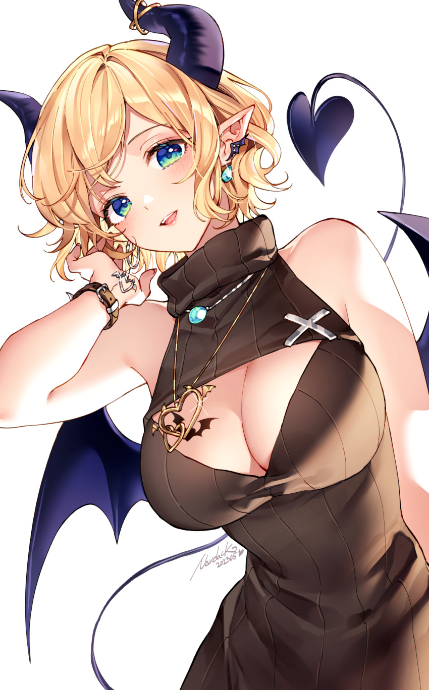 1girl bat_tattoo black_sweater blonde_hair blue_eyes blush breast_tattoo breasts cleavage cleavage_cutout clothing_cutout commentary cowboy_shot dangle_earrings dated demon_girl demon_horns demon_tail demon_wings dutch_angle earrings hand_in_own_hair heart heart_earrings heart_necklace heart_tattoo highres hololive hoop_earrings horns jewelry large_breasts looking_at_viewer mismatched_earrings nardack necklace official_alternate_costume open_mouth parted_bangs pointy_ears ribbed_sweater short_hair signature simple_background sleeveless sleeveless_sweater smile solo sweater symbol-only_commentary tail tattoo turtleneck turtleneck_sweater virtual_youtuber watch white_background wings wristwatch yuzuki_choco yuzuki_choco_(6th_costume)