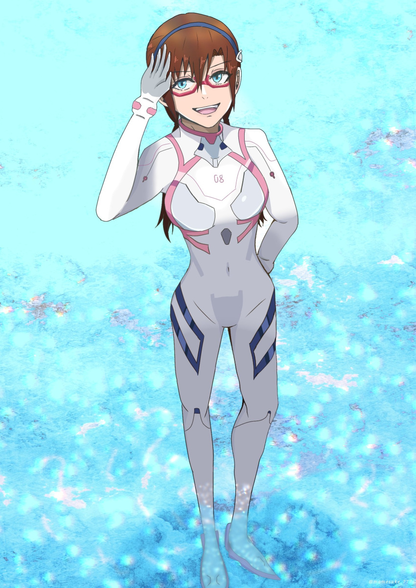 1girl :d blue_eyes bodysuit breasts brown_hair commentary_request covered_navel evangelion:_3.0+1.0_thrice_upon_a_time full_body glasses hairband highres interface_headset long_hair looking_at_viewer makinami_mari_illustrious mamesuke_777 medium_breasts neon_genesis_evangelion official_alternate_costume pilot_suit plugsuit rebuild_of_evangelion red-framed_eyewear smile solo standing standing_on_liquid teeth twintails upper_teeth_only water white_bodysuit
