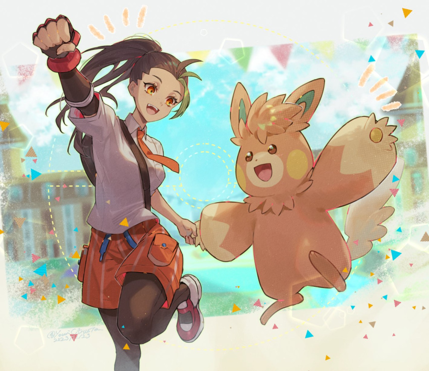 1girl :d black_hair black_pantyhose blue_sky brown_eyes collared_shirt gloves green_hair highres holding_hands long_hair multicolored_hair naranja_academy_school_uniform necktie nemona_(pokemon) open_mouth orange_eyes orange_necktie orange_shorts pantyhose pawmot pokemon pokemon_(creature) pokemon_sv ponytail school_uniform shirt short_sleeves shorts single_glove sky smile streaked_hair two-tone_hair youmicitrustea