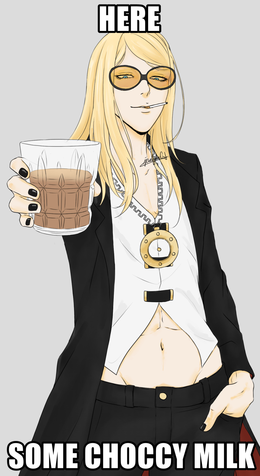 1boy absurdres black_jacket black_nails blonde_hair blue_eyes cigarette cowboy_shot cup english_text fate/grand_order fate_(series) flapper_shirt hand_in_pocket highres holding holding_cup hot_chocolate jacket jewelry jewelryduelist long_hair looking_at_viewer male_focus medallion necklace open_clothes open_jacket orange-tinted_eyewear shirt signature simple_background solo sunglasses tezcatlipoca_(fate) tinted_eyewear white_background white_shirt