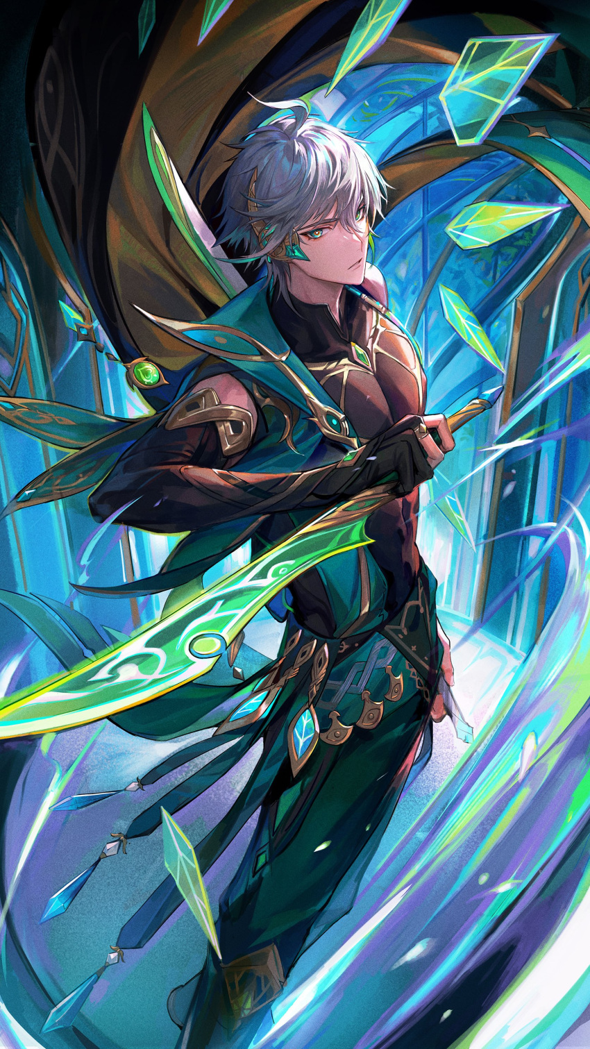 1boy absurdres ahoge alhaitham_(genshin_impact) ansels5062 aqua_eyes architecture black_gloves black_shirt cape compression_shirt covered_abs covered_navel elbow_gloves feet_out_of_frame gem genshin_impact gloves gold_trim green_gemstone grey_hair hair_over_one_eye headset highres holding holding_sword holding_weapon indoors looking_at_viewer male_focus muscular muscular_male parted_lips see-through shirt short_hair sleeveless sleeveless_shirt solo stained_glass standing swept_bangs sword vision_(genshin_impact) weapon