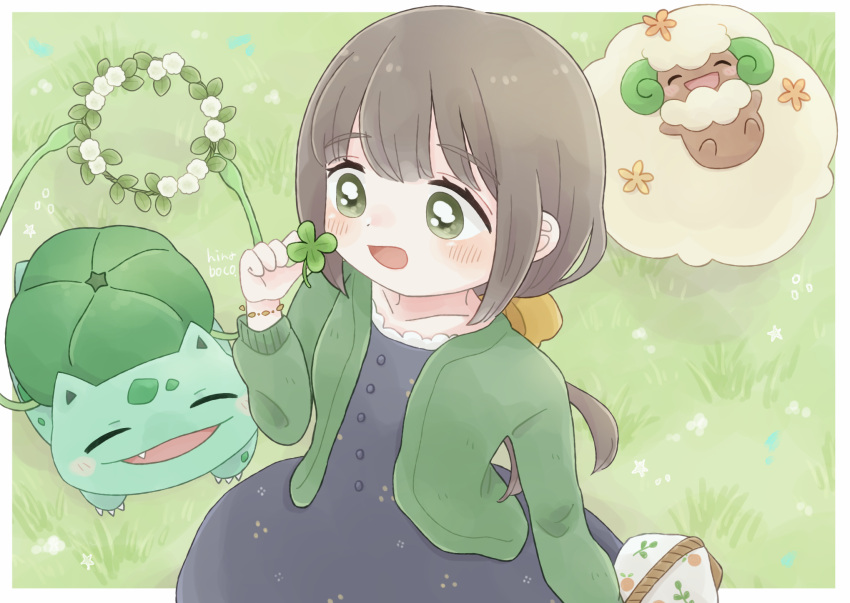 1girl black_dress blush border bracelet brown_hair bulbasaur buttons claws closed_eyes clover collarbone dress eyelashes fang four-leaf_clover green_jacket grey_eyes happy head_wreath highres hiiragi_hinana holding_clover jacket jewelry long_hair long_sleeves lying on_back on_grass open_mouth picnic_basket pokemon pokemon_(creature) whimsicott white_border