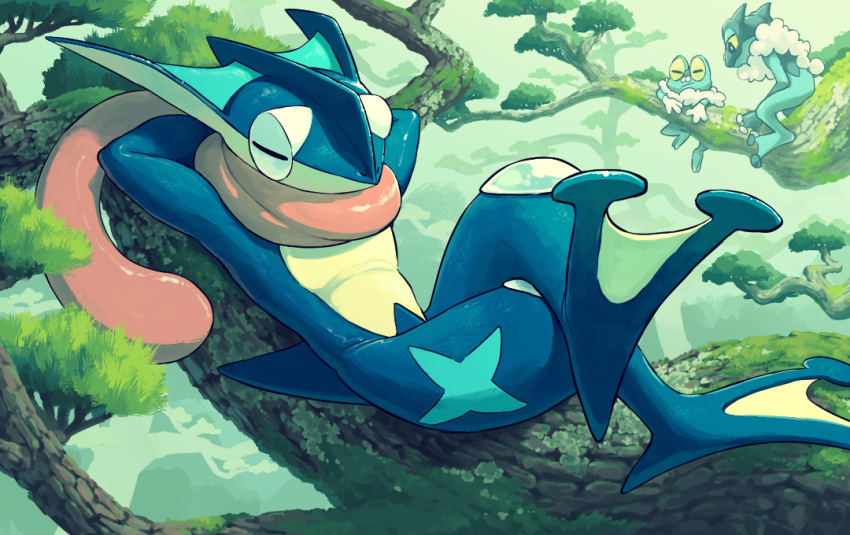 animal animal_focus arms_behind_head branch closed_eyes commentary_request crossed_legs day doggo_1d34 froakie frogadier full_body greninja lying nature no_humans on_back outdoors pokemon pokemon_(creature) solo_focus tongue tongue_scarf tree