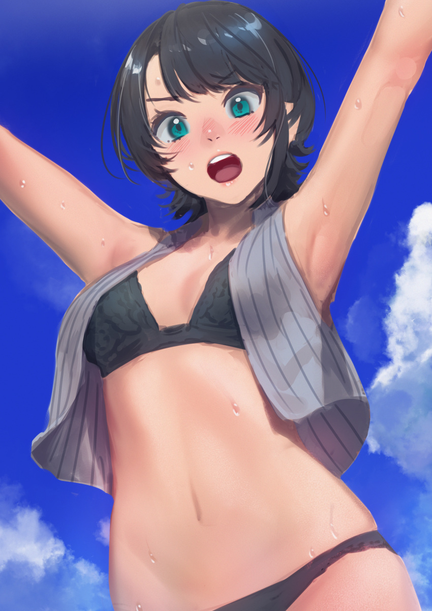 1girl :o absurdres aqua_eyes armpits arms_up black_bra black_hair black_panties blue_sky blush bra breasts cloud commentary grey_shirt highres hololive looking_at_viewer navel no_pants nose_blush oozora_subaru open_clothes open_mouth open_shirt panties shirt short_hair sky sleeveless sleeveless_shirt small_breasts solo stomach striped striped_shirt takami_masahiro teeth underwear upper_body upper_teeth_only vertical-striped_shirt vertical_stripes virtual_youtuber water