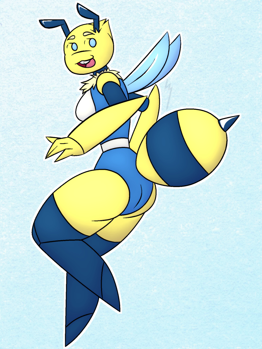 antennae_(anatomy) anthro arthropod bee cat_smile clothing female hi_res hymenopteran insect insect_wings leotard looking_back mane pointed_feet r3znor_x simple_background smile solo stinger stinger_tail thick_thighs tooth_gap wings yellow_body