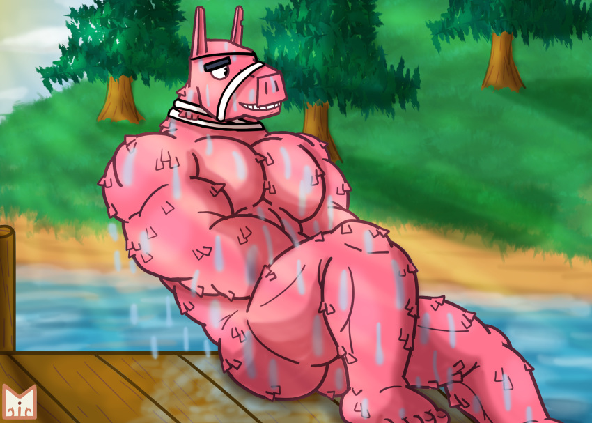 animate_inanimate anthro bandaged_neck black_eyebrows black_eyes butt camelid ears_up epic_games eye_patch eyebrows eyewear feet floor fortnite fur grass grin hi_res kaiser_dragonstro lake living_pinata llama lt._john_llama male mammal muscular muscular_anthro muscular_arms muscular_legs muscular_male nude pecs pier pinata pink_body pink_fur plant public public_nudity smile solo teeth tree wet wet_body wood wood_floor wool_(fur)