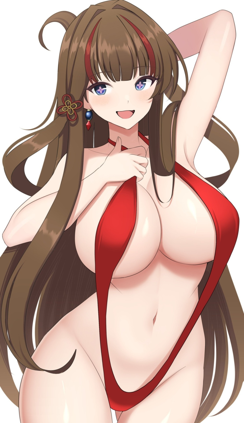 +_+ 1girl :d arm_up armpits bikini blush breasts cowboy_shot earrings flower-shaped_pupils hair_ornament hair_rings highres huge_breasts jewelry long_hair looking_at_viewer mismatched_earrings multicolored_hair navel red_bikini senran_kagura senran_kagura_new_link simple_background slingshot_swimsuit smile solo streaked_hair surippa1010 swimsuit symbol-shaped_pupils toki_(senran_kagura)