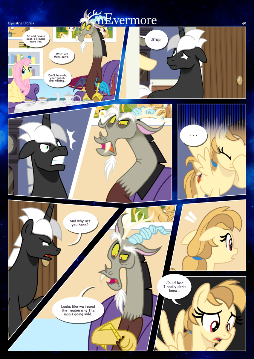 absurd_res accessory alice_goldenfeather_(estories) anthro border breaking_the_fourth_wall chimera clenched_teeth confrontation crossed_arms cutie_mark dialogue discord_(mlp) door doorknob draconequus equid equine estories eyes_closed facepalm female feral fluttershy_(mlp) friendship_is_magic group hair_accessory hair_tie hasbro hi_res horn inside male mammal mobius_(estories) my_little_pony narrowed_eyes offscreen_character open_door open_mouth pegasus sitting standing teeth unicorn white_border wide_eyed wings