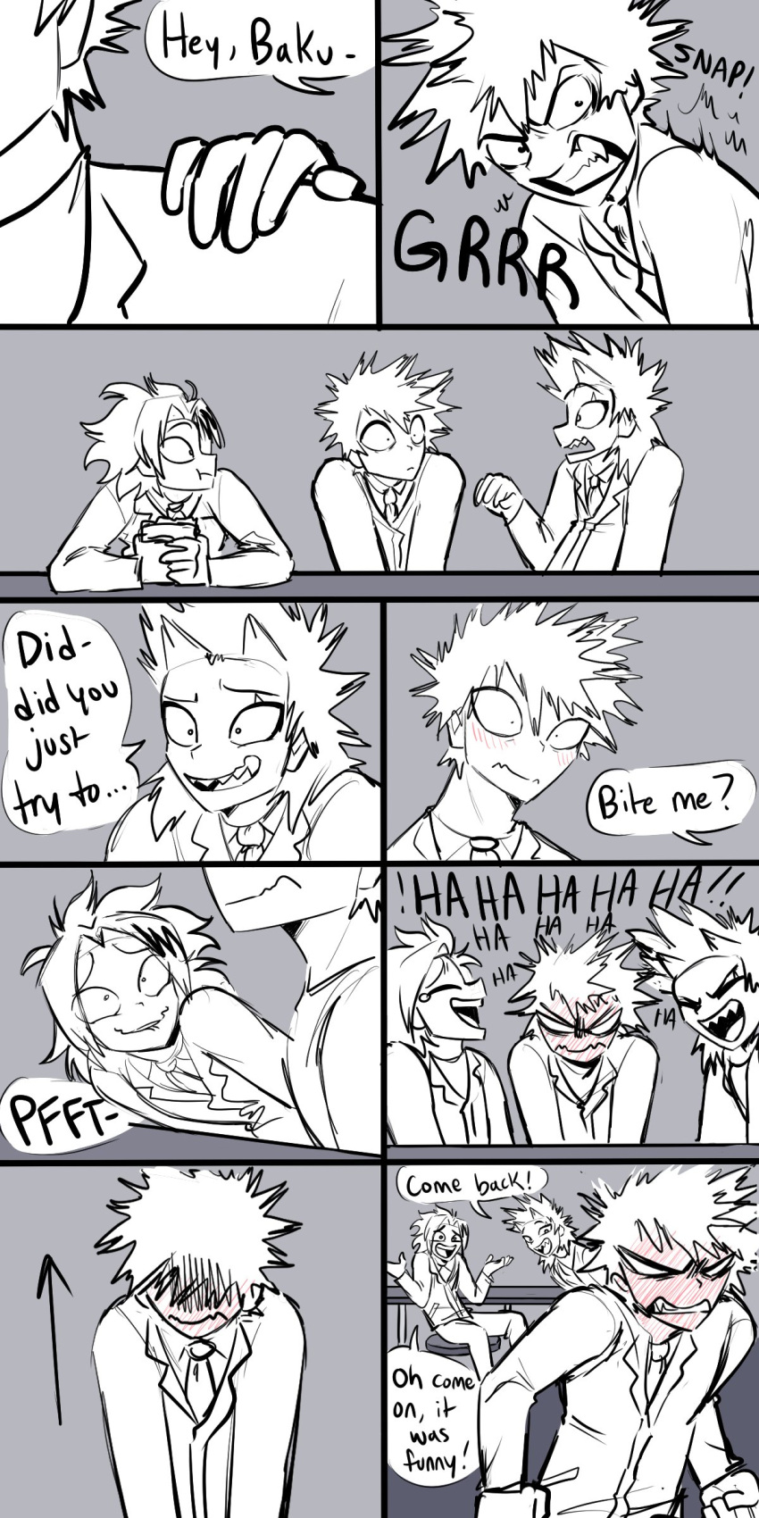 absurd_res angry bite blush blush_lines bodily_fluids clothed clothing comic crying_laughing denki_kaminari dialogue eijiro_kirishima embarrassed english_text fully_clothed group growling hi_res human human_only katsuki_bakugou laugh male mammal my_hero_academia not_furry pretty_werewolf sitting speech_bubble tears text trio