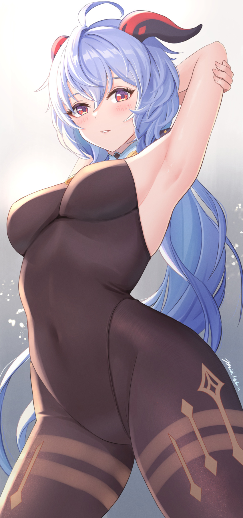 1girl absurdres ahoge armpits arms_up bare_arms bare_shoulders black_leotard black_pantyhose blue_hair blush bodystocking breasts commentary_request covered_navel from_below ganyu_(genshin_impact) genshin_impact goat_horns gradient_background groin highleg highleg_leotard highres horns leotard leotard_under_clothes long_hair looking_at_viewer medium_breasts mitsukayurie pantyhose parted_lips red_eyes revision sideboob smile solo thighlet thighs