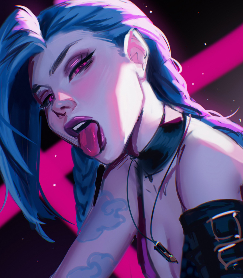 1girl arm_tattoo asymmetrical_bangs bare_shoulders blue_hair braid breasts cleavage cloud_tattoo half-closed_eyes highres jinx_(league_of_legends) league_of_legends multicolored_background pink_eyes pink_lips small_breasts solo tattoo teeth tongue tongue_out twin_braids upper_body vatheja