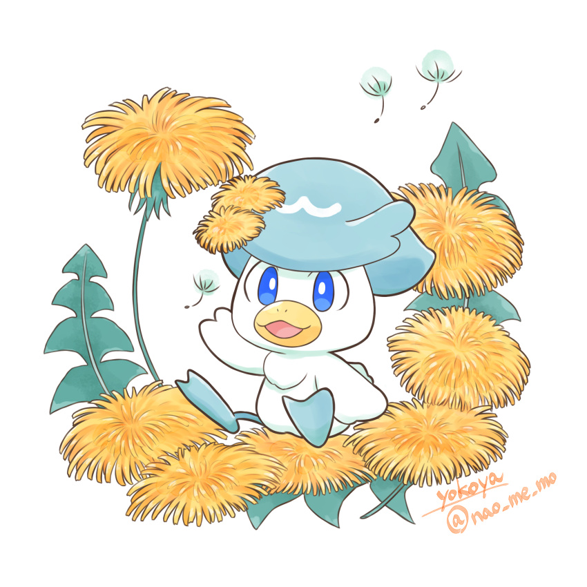 artist_name beak blue_eyes dandelion dandelion_seed flower flower_on_head full_body hand_up highres leaf nao_me_mo no_humans open_mouth pokemon pokemon_(creature) quaxly simple_background sitting smile twitter_username white_background