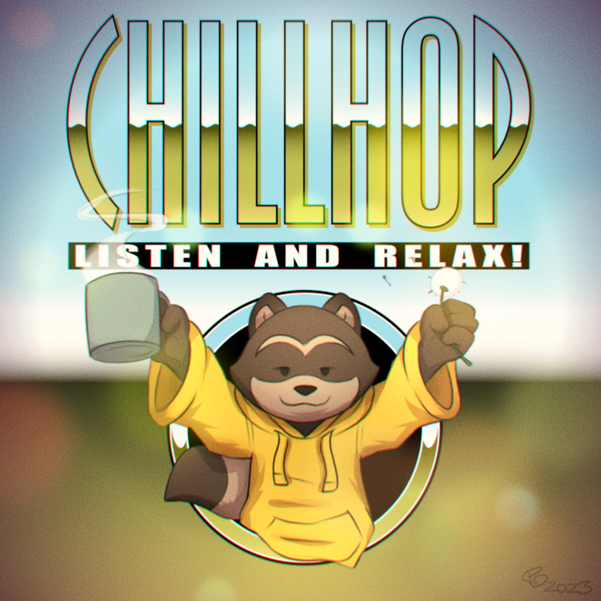 ambiguous_gender anthro blurred_background chillhop chillhop_raccoon clothed clothing container cover_art cup dandelion drayventhal flower hi_res hoodie logo mammal plant procyonid raccoon simple_background smile solo topwear yellow_clothing yellow_hoodie yellow_topwear