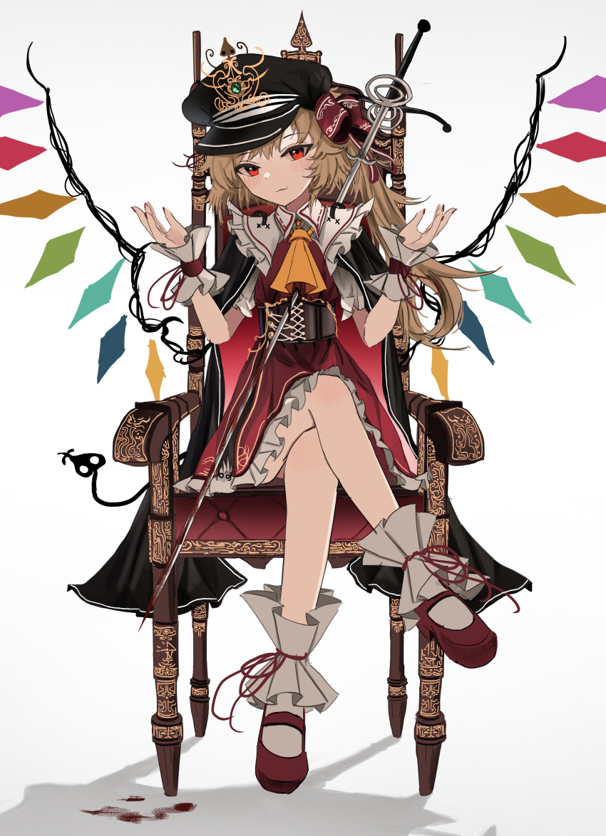 1girl absurdres black_headwear blonde_hair crossed_legs dress flandre_scarlet hat highres looking_at_viewer military_hat ougiikun rainbow_wings red_dress red_eyes red_footwear sitting solo throne touhou