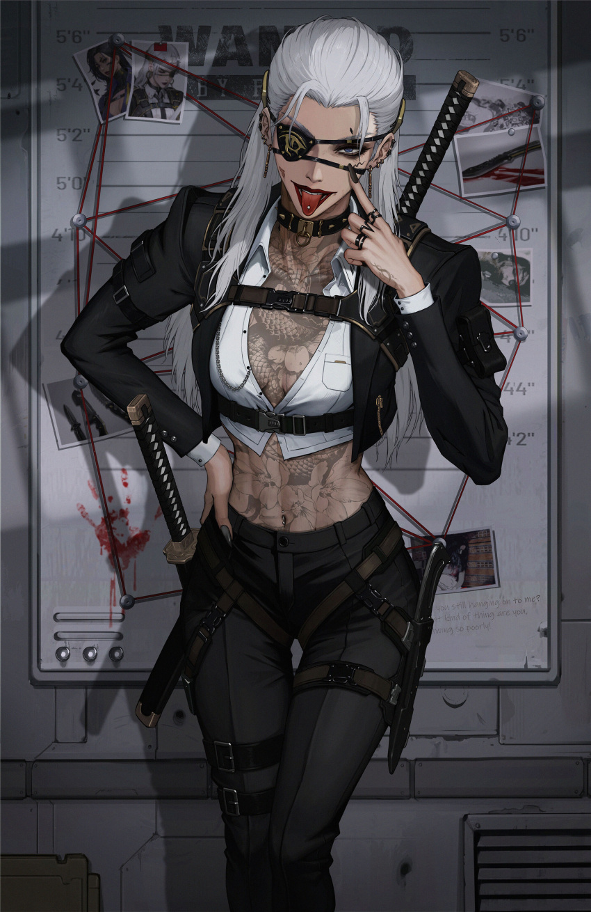 1girl absurdres belt black_collar black_jacket black_nails black_pants bloody_handprints blue_eyes breasts chest_belt chest_tattoo collar collared_shirt crop_top cropped_jacket eyepatch grey_hair hand_on_own_hip height_chart highres jacket jewelry knife lee_kimsan long_hair navel_piercing original pants picture_(object) piercing ring scabbard sheath sheathed shirt solo spiked_collar spikes stomach_tattoo sword tattoo thigh_belt thigh_strap tongue_piercing weapon white_shirt
