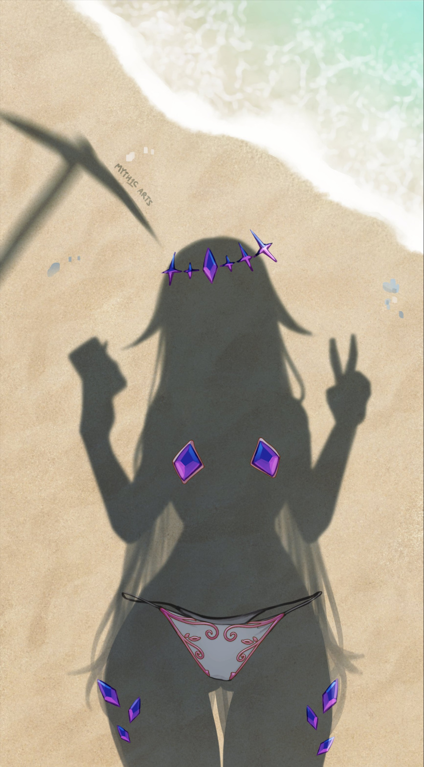 1girl absurdres beach bikini bikini_bottom_only bikini_bottom_removed clothes_removed dressed_shadow english_commentary gem highres hololive hololive_english koseki_bijou long_hair meme myth1carts pickaxe purple_gemstone sand selfie silhouette solo swimsuit v virtual_youtuber