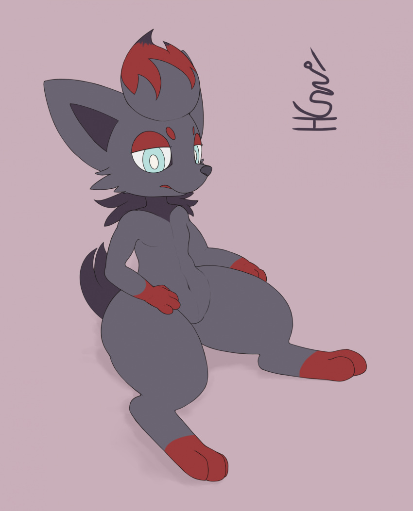 anthro dafty featureless_crotch female flat_chested generation_5_pokemon hi_res looking_at_viewer nightwish_(dafty) nintendo pokemon pokemon_(species) simple_background solo thick_thighs wide_hips zorua