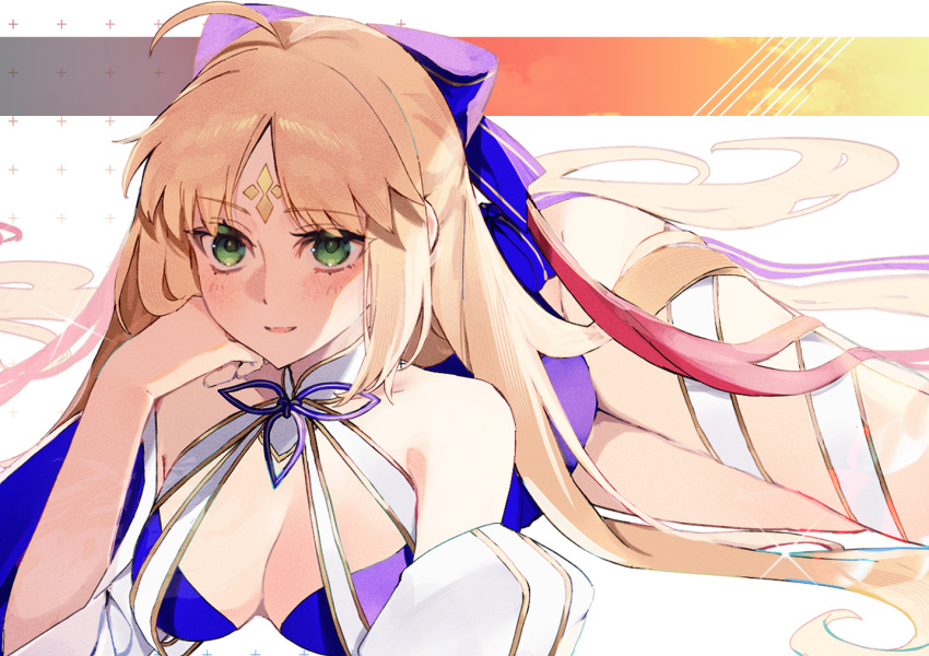 1girl ahoge artoria_caster_(fate) artoria_caster_(swimsuit)_(fate) artoria_pendragon_(fate) bare_shoulders blonde_hair blue_one-piece_swimsuit blue_ribbon blush bow breasts cleavage detached_sleeves facial_mark fate/grand_order fate_(series) forehead_mark green_eyes hair_bow long_hair looking_at_viewer medium_breasts one-piece_swimsuit ribbon smile solo swimsuit thighs twintails uxco0 very_long_hair white_ribbon white_sleeves wide_sleeves