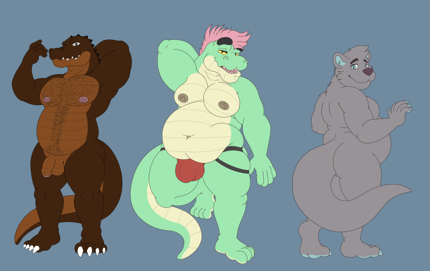 absurd_res alligator alligatorid anthro balls belly brown_body butt claws clothing crocodilian erection genitals green_body grey_body group hair hi_res jockstrap male male/male mammal moobs mustelid nipples nude otter overweight overweight_male penis pink_hair pondart_studios reptile scalie smile tail trio underwear vic_(victorystarz)