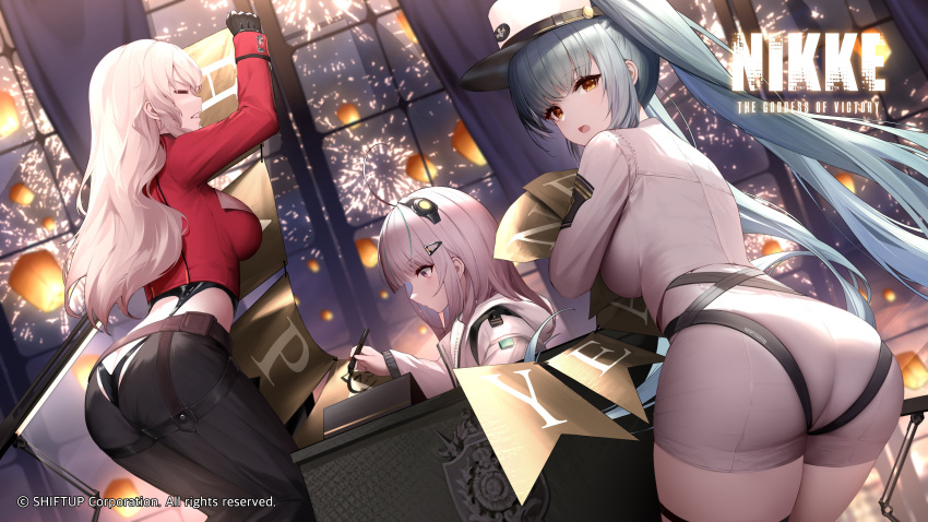 3girls absurdres admi_(nikke) artist_request ass ass_focus blue_hair breasts brown_eyes closed_mouth dress fingerless_gloves fireworks frown garter_straps gloves goddess_of_victory:_nikke happy_new_year highres korean_commentary large_breasts long_hair looking_at_viewer looking_back multiple_girls official_art open_mouth pants privaty_(nikke) shirt sitting teeth thigh_strap twintails white_hair yulha_(nikke)