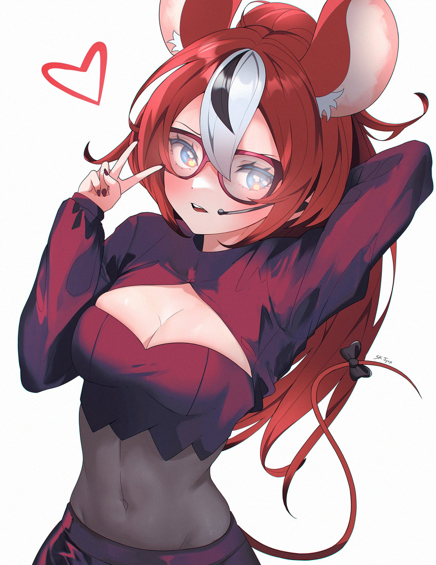 1girl alternate_costume animal_ear_fluff animal_ears arm_behind_head arm_up black_bow black_hair blue_eyes bodystocking bow breasts brown_nails cleavage cleavage_cutout clothing_cutout commentary covered_navel crop_top english_commentary glasses hair_between_eyes hakos_baelz hand_up headset heart high_ponytail highres hololive hololive_english long_hair long_sleeves looking_at_viewer mouse_ears mouse_girl mouse_tail multicolored_hair nail_polish parted_lips ponytail red-framed_eyewear red_hair ribbon shrug_(clothing) signature simple_background sk_jynx small_breasts solo streaked_hair tail tail_bow tail_ornament v virtual_youtuber white_background white_hair