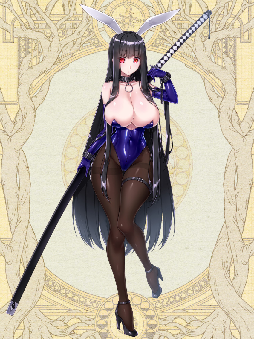 1girl black_choker black_footwear black_hair blue_gloves blue_leotard breasts broken_handcuffs brown_pantyhose chain choker cocytus_(wind_master) covered_navel dairoku_ryouhei elbow_gloves gloves high_heels highres huge_breasts katana large_breasts leotard long_hair lucrezia_astrude pantyhose red_eyes sheath sheathed sword thigh_strap very_long_hair weapon yellow_background