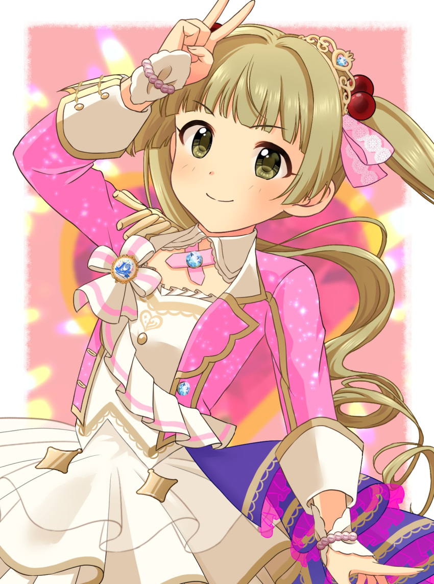 1girl annyuiusagi arm_up blush bow bracelet brown_eyes brown_hair cinderella_girls_gekijou dress epaulettes hair_ornament heart heart_background highres idolmaster idolmaster_cinderella_girls_u149 jacket jewelry long_hair long_sleeves open_clothes open_jacket pink_jacket pink_ribbon ribbon smile standing tiara twintails v white_dress yokoyama_chika