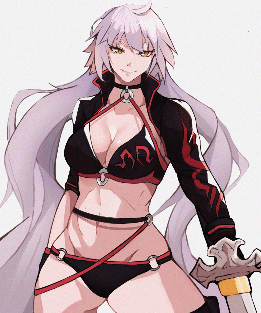 1girl absurdres fate/grand_order fate_(series) highres holding holding_weapon jeanne_d'arc_alter_(avenger)_(fate) jeanne_d'arc_alter_(fate) jeanne_d'arc_alter_(swimsuit_berserker)_(fate) muscular muscular_female ponytail shadowcero swimsuit weapon