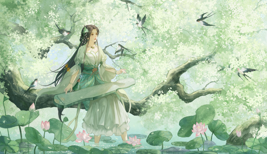 1girl absurdres artist_request baiguio_(zhu_xian) bird bracelet brown_eyes butterfly_hair_ornament closed_mouth dress earrings expressionless facial_mark flower forehead_mark green_dress guzheng hair_ornament highres jewelry lily_pad long_hair lotus sash second-party_source sitting solo water zhu_xian